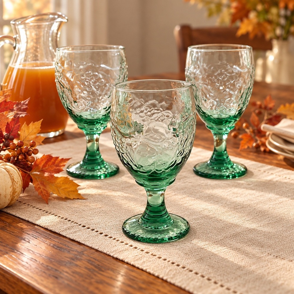 Libbey Orchard Fruit Green Water Goblets Set of 3 Fruit Embossed Farm Cottage